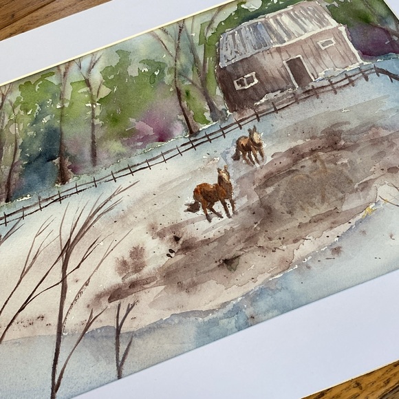 Original watercolour painting, horses in field, white mat included - Picture 2 of 4